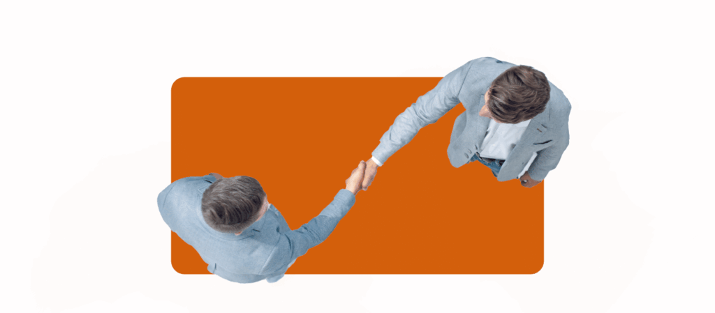 Two people shaking hands across a Meddbase-orange panel