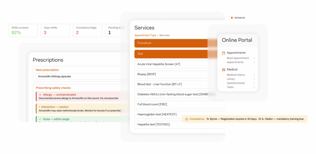 The Cority Meddbase practice management platform: prescriptions with safety checks, appointment services, and the patient online portal